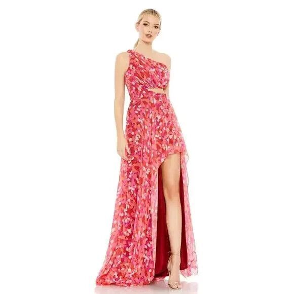 Mac Duggal 9160 Pink Multi Printed One Shoulder Cut Out Hi-Low Gown SZ 4 NWT‎ - Picture 1 of 3